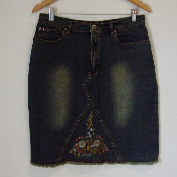 U.S. Rodeo Jeans Dresses & Skirts - Vintage Denim Jean Midi Skirt Boho Western Embroidered Raw Hem Size 14